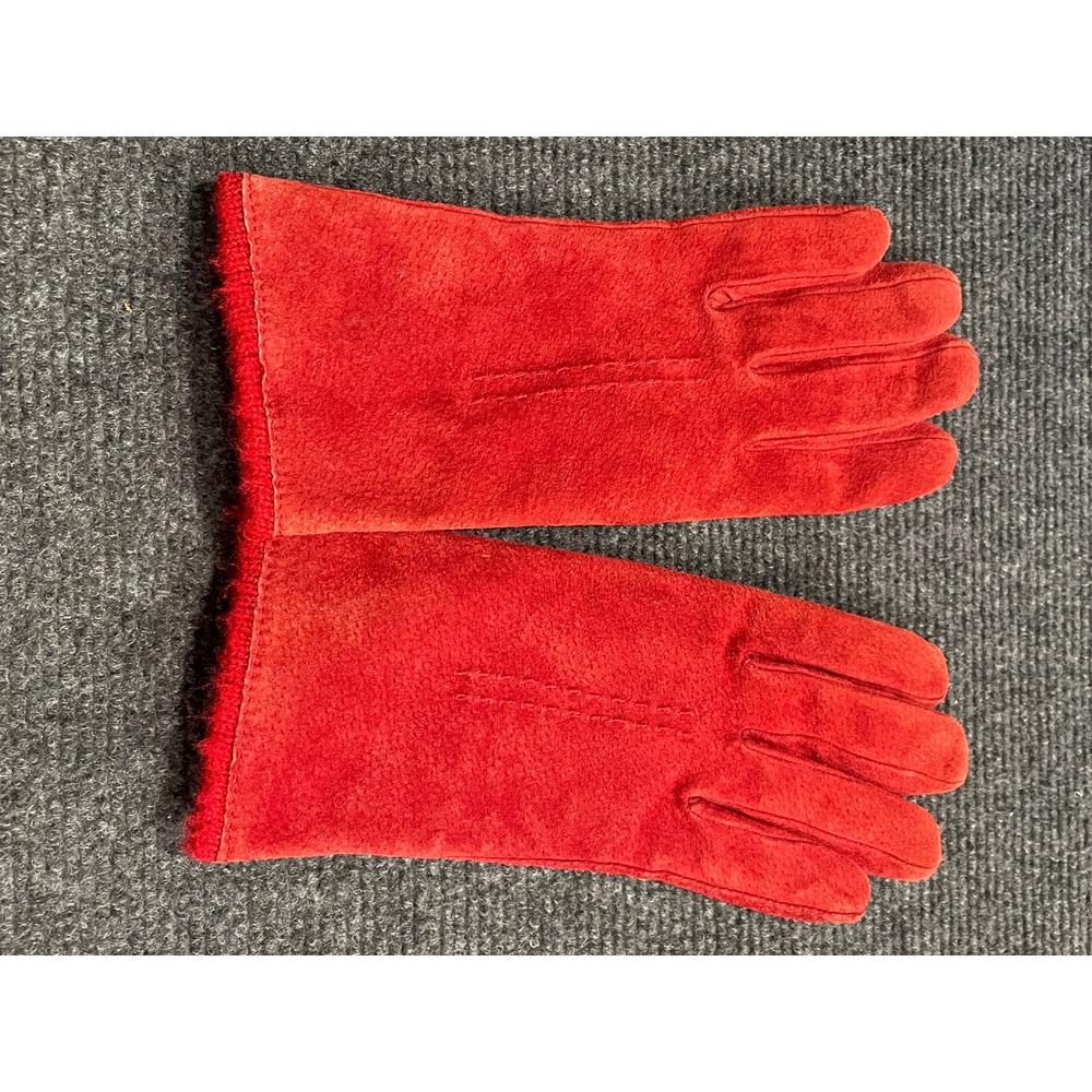 VTG Fownes Womens Red Suede Winter Gloves Fuzzy Lined Size Large WPL9522
